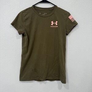 Under Armour Freedom Classic Tee Olive‎ Green Pink Logo American Flag Small